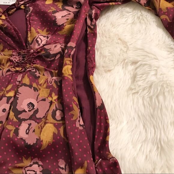 FREE PEOPLE Morning‎ Light Mini Dress Long Sleeve Floral Satin Purple Size 0 New - Picture 11 of 16